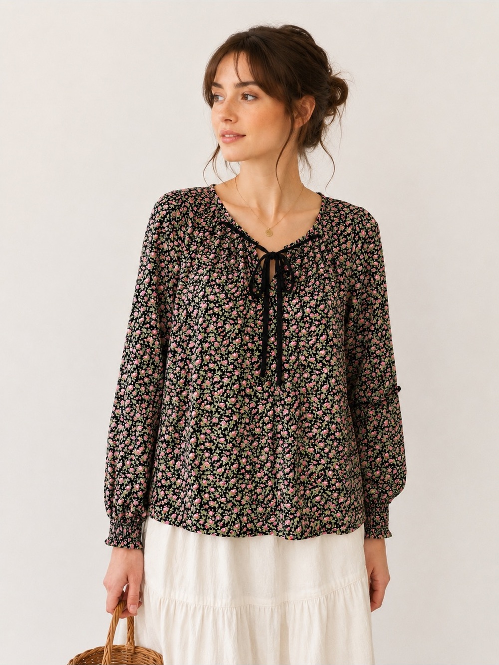 April Cornell Cottagecore Floral Tie Neck Blouse Long Sleeve boho romantic sz S